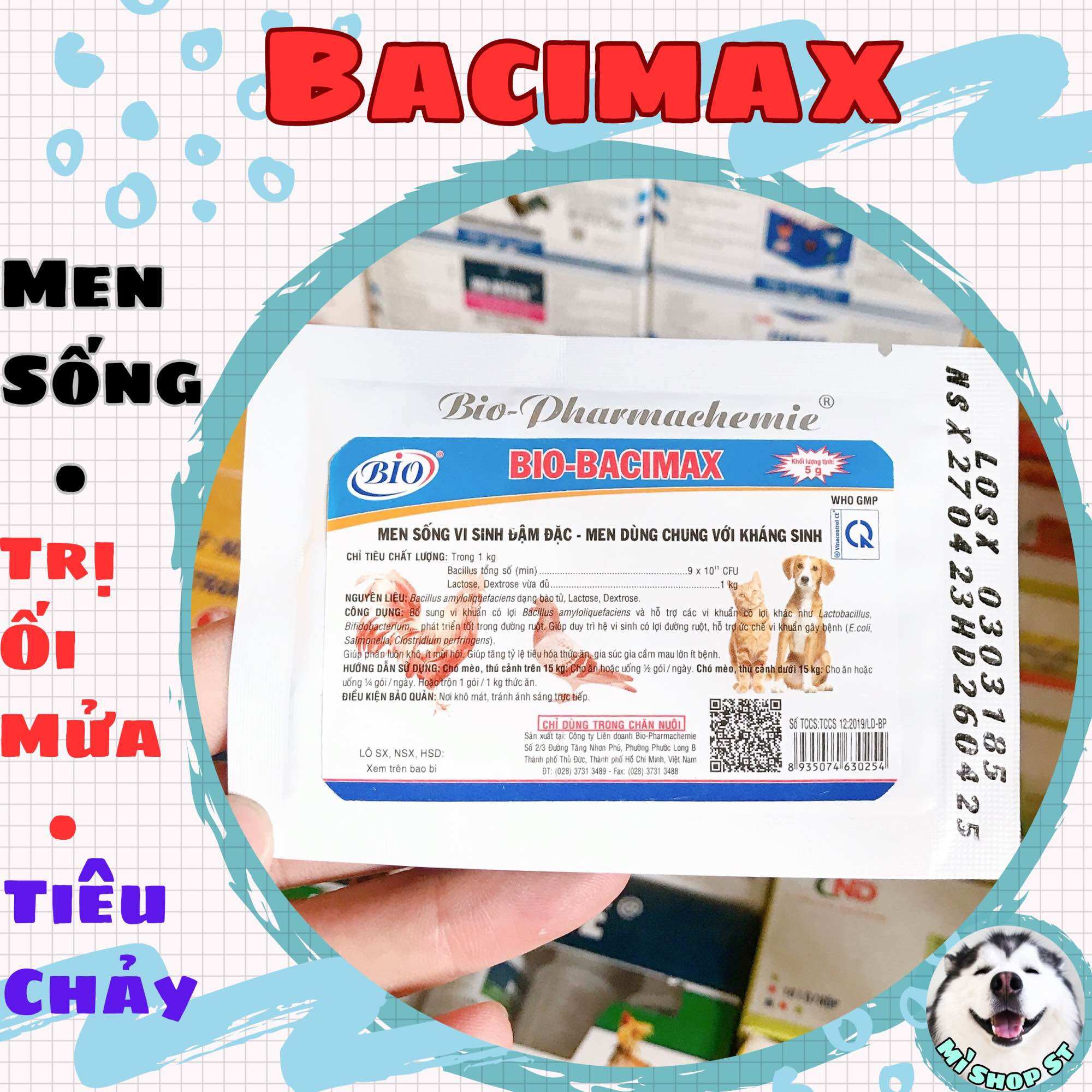 Bio Bacimax men tiêu hóa giúp phân khô, giảm mùi hôi chó mèo gói 5g Xuất xứ Bio Việt Nam