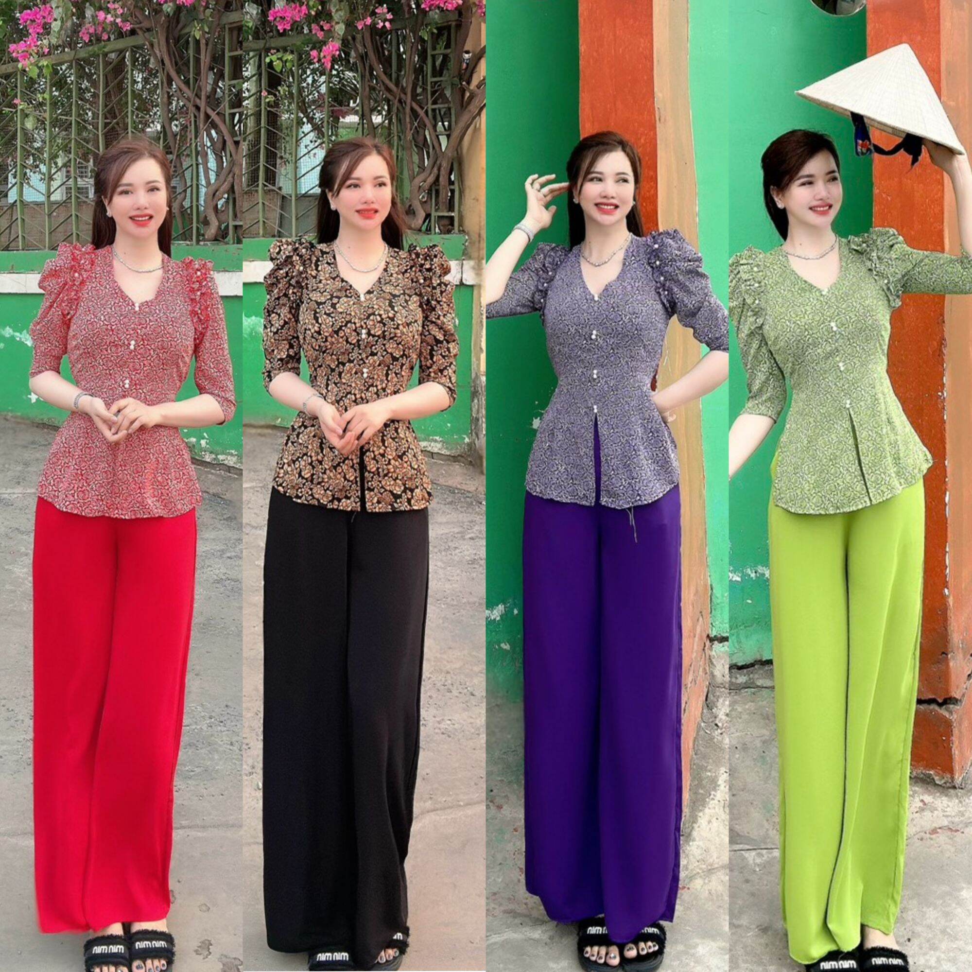 Bộ bà ba cổ V vai nhún bèo tay phồng