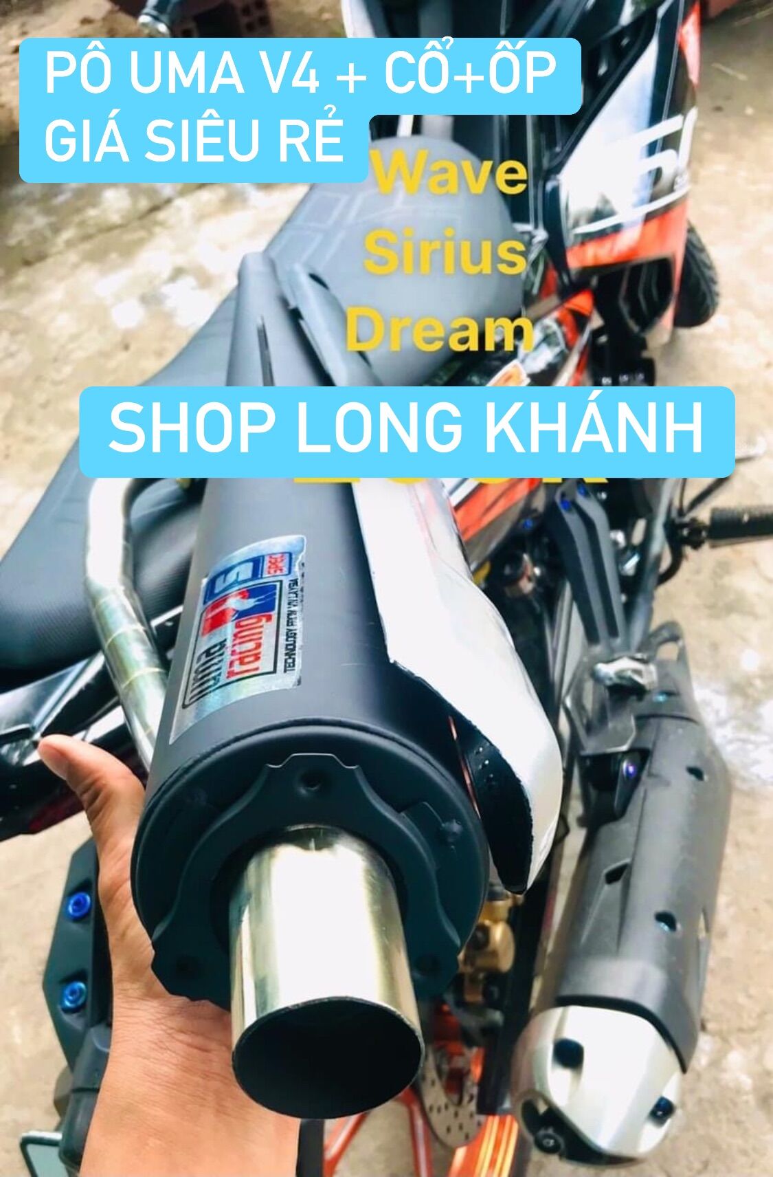 Pô uma v4 mỏ chu đít chu gắn xe sirius dream wave cup tặng kèm bộ ốp và cổ inox có pát sẵn siêu đẹp