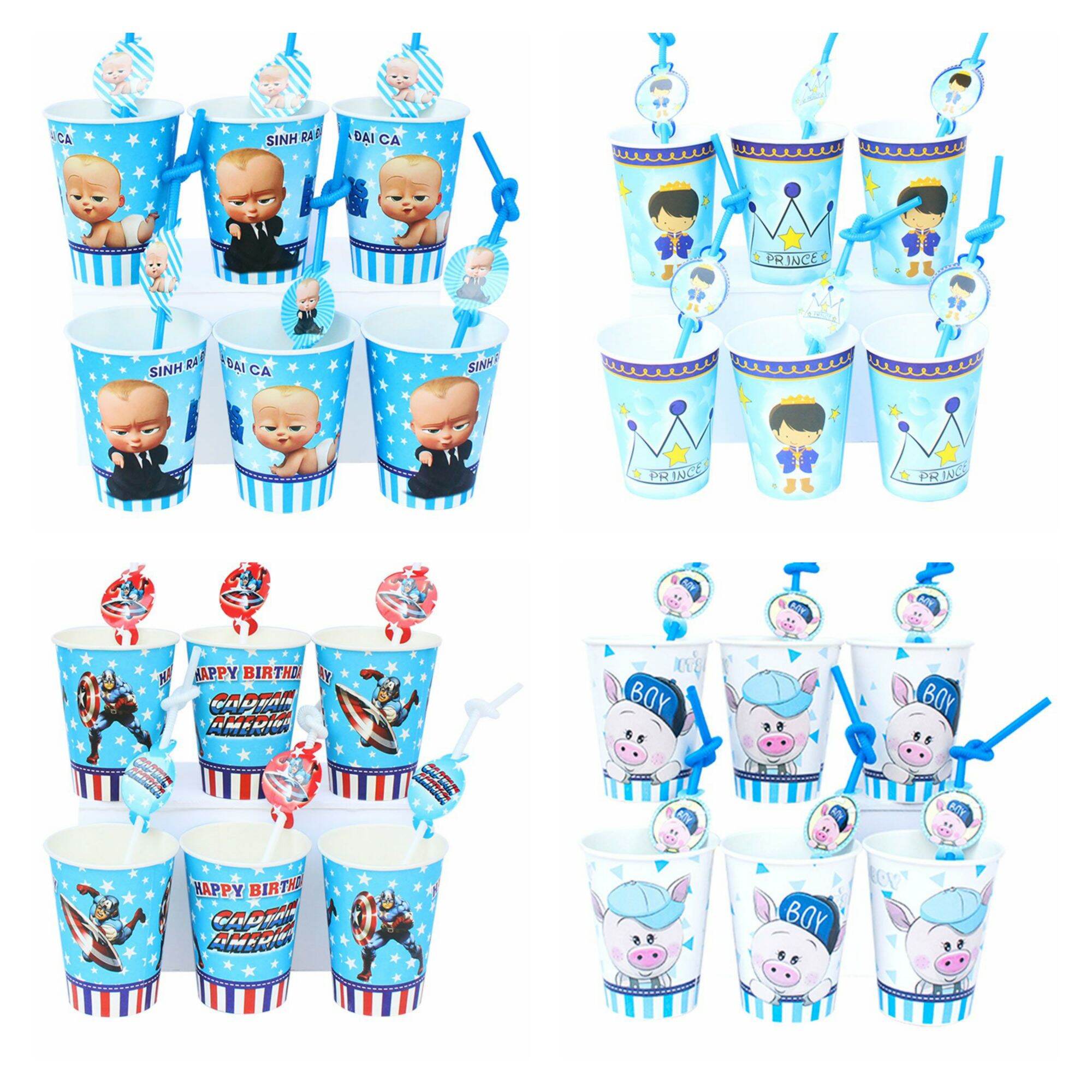 Set 6 cái ly giấy kèm ống hút chủ đề dành cho bé trai