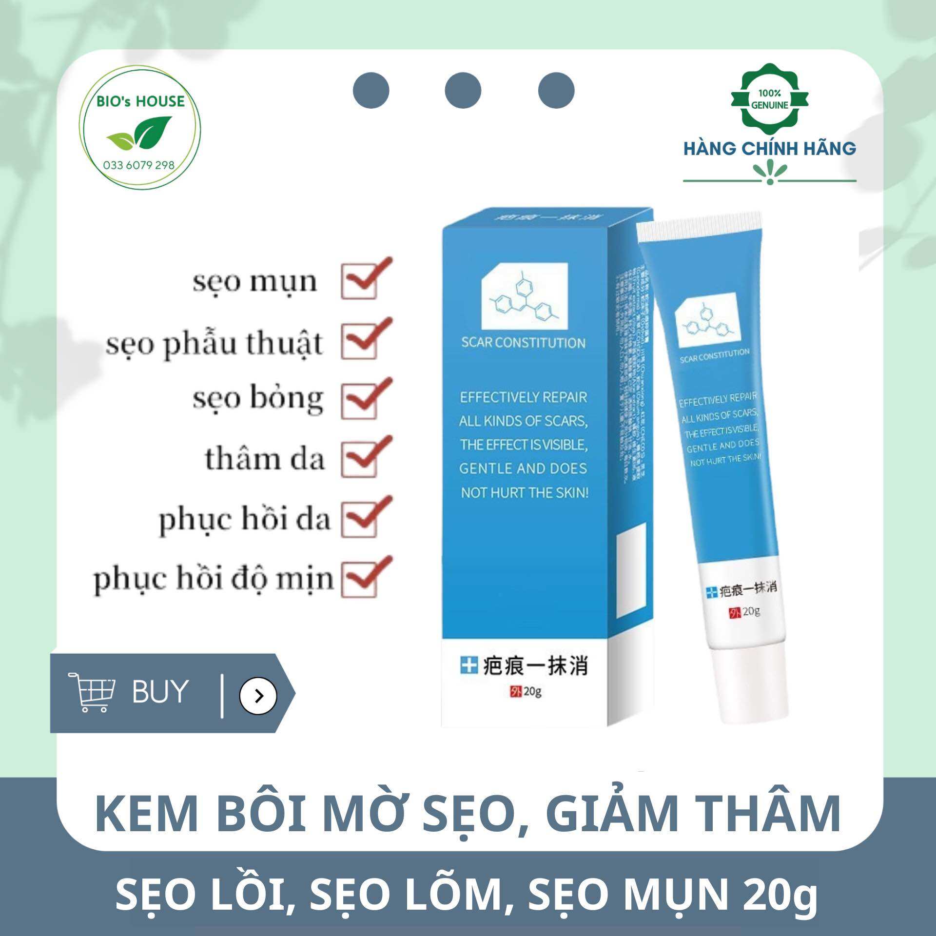 Kem bôi 20g mờ sẹo, giảm thâm, sẹo lồi, sẹo lõm, sẹo sau phẫu thuật, sẹo mụn