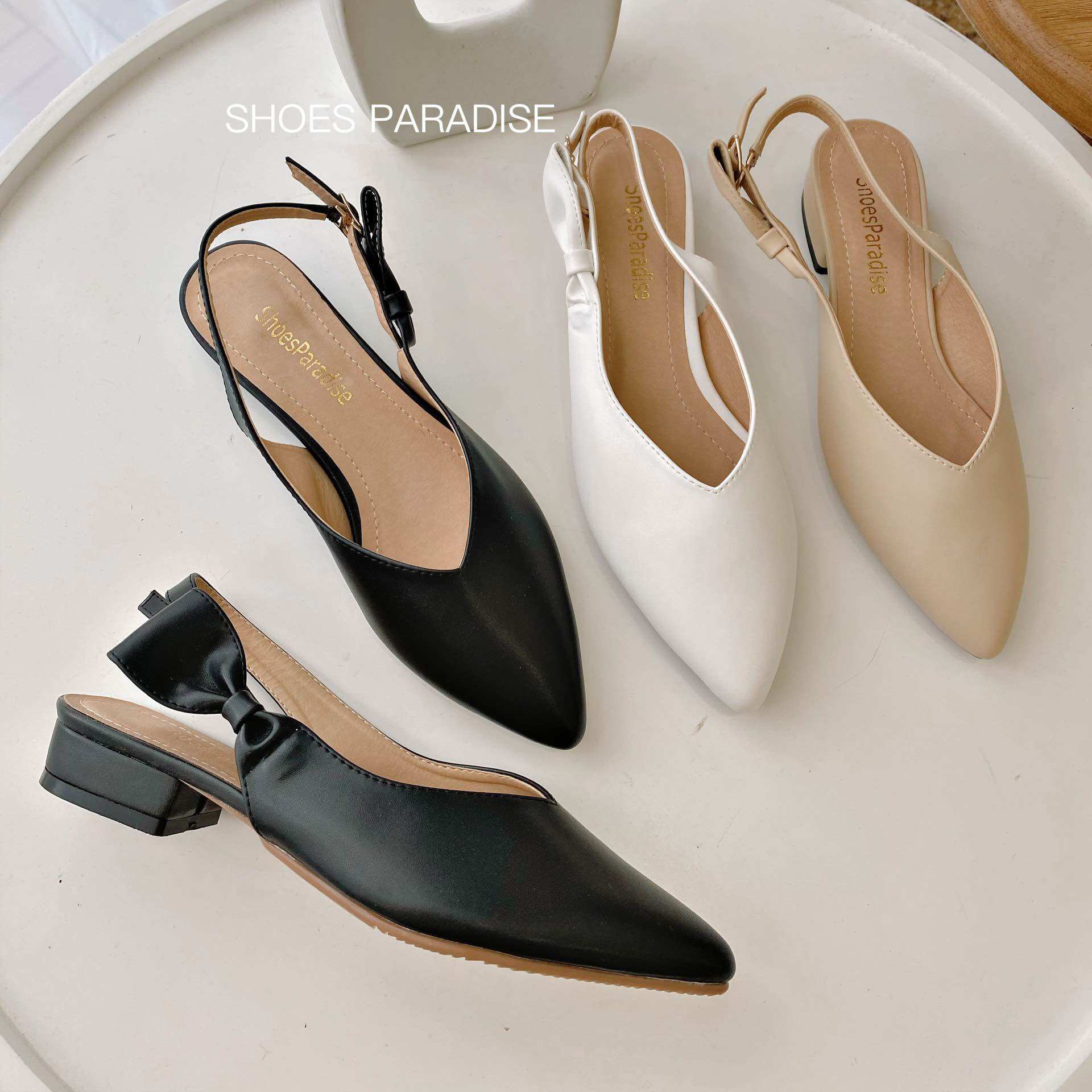 ( FORM NHỎ NHÍCH LÊN 1 SIZE ) Giày Cao Gót Nữ Bít Mũi Nhon Nơ Đế Thấp 2cm màu đen trắng kem size 36 37 38 39 40 thời trang công sở đi học đi làm đi chơi