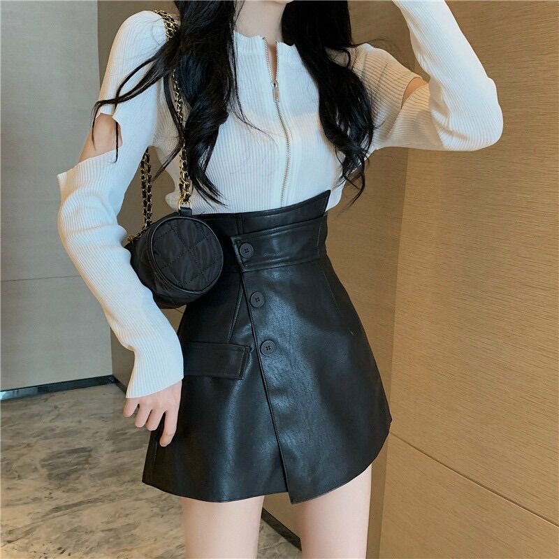 Chân Váy Da Chữ A Đắp Chéo