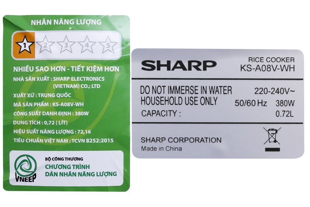 Nồi cơm điện Sharp 0.72 lít KS-A08V-WH Trắng - Hàng chính hãng