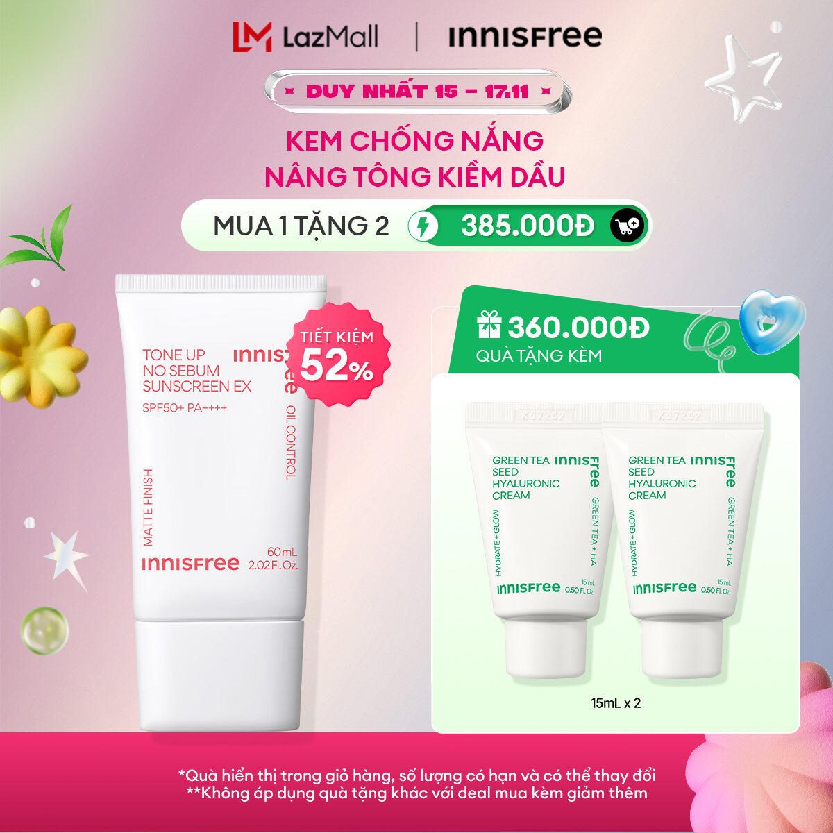 Kem chống nắng nâng tông kiềm dầu INNISFREE Tone Up No Sebum Sunscreen EX SPF 50+ PA++++