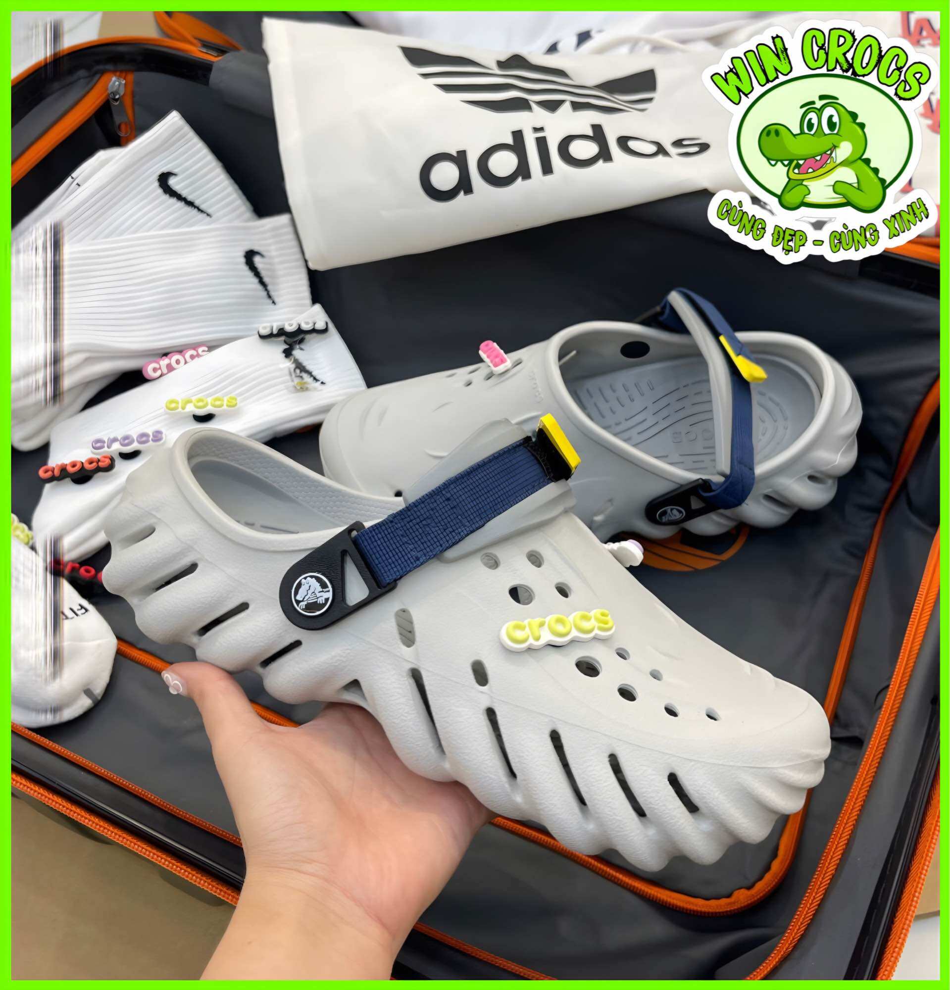 |chính hãng| dép echo crocs màu xám trắng nam nữ unisex,lỗi nhỏ đã xử lý,tặng kèm sticker
