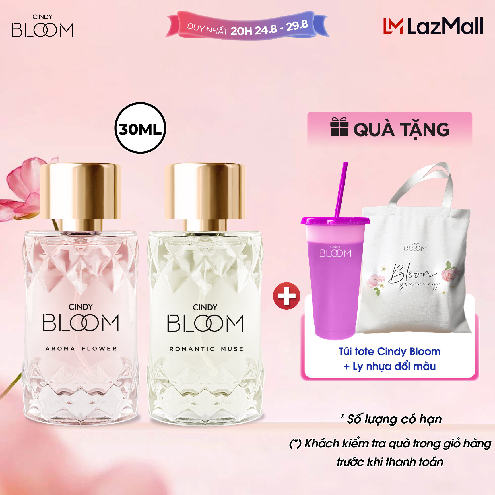 Combo 2 Nước hoa nữ Cindy Bloom Aroma Flower ngọt ngào nữ tính + Romantic Muse quyến rũ lãng mạn 30ml/chai