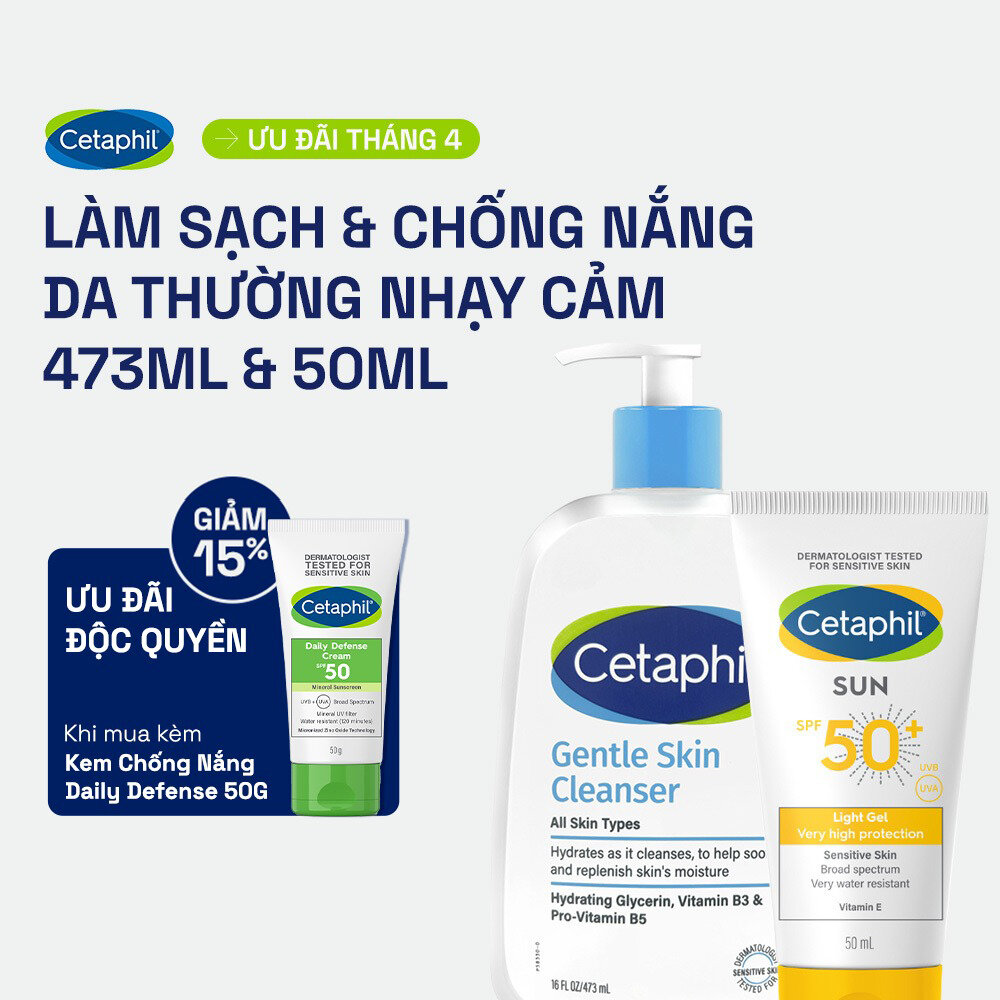 Combo Sữa rửa mặt CETAPHIL GENTLE SKIN CLEANSER 473ML + Gel chống nắng cho da nhạy cảm Cetaphil Sun SPF 50+ Light Gel