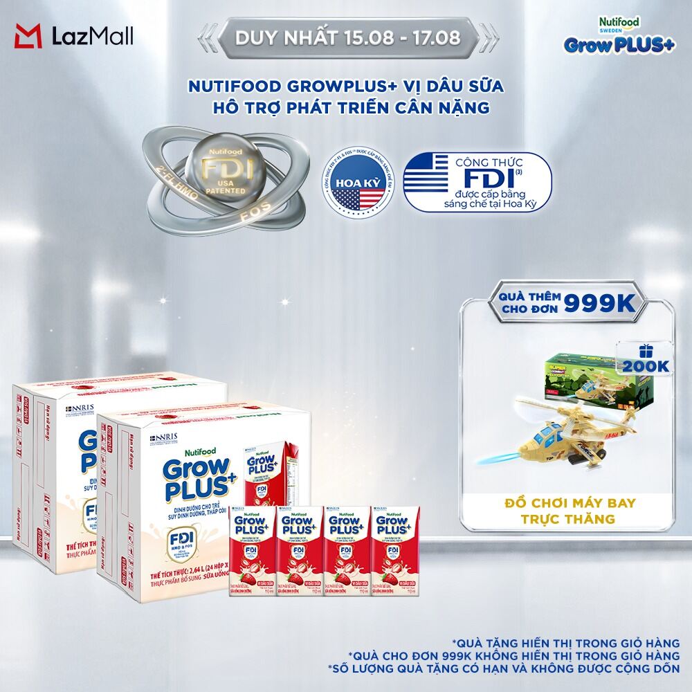 Combo 2 Thùng 24 hộp Sữa nước pha sẵn Nutifood GrowPLUS+ Vị Dâu Sữa hộp 110ml - Hỗ trợ phát triển cân nặng
