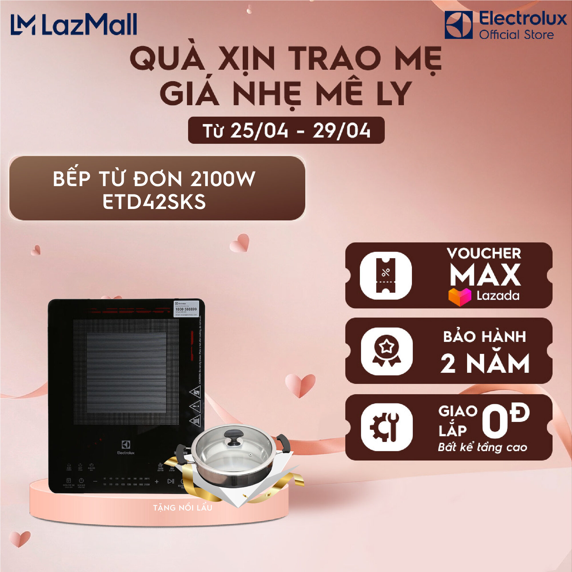 [Tặng Nồi,Chảo,Vỉ Hấp] Bếp từ đơn Electrolux ETD42SKS 2100W 8 mức công suất, 6 chương trình nấu cài đặt sẵn - Bảo hành 2 năm toàn quốc