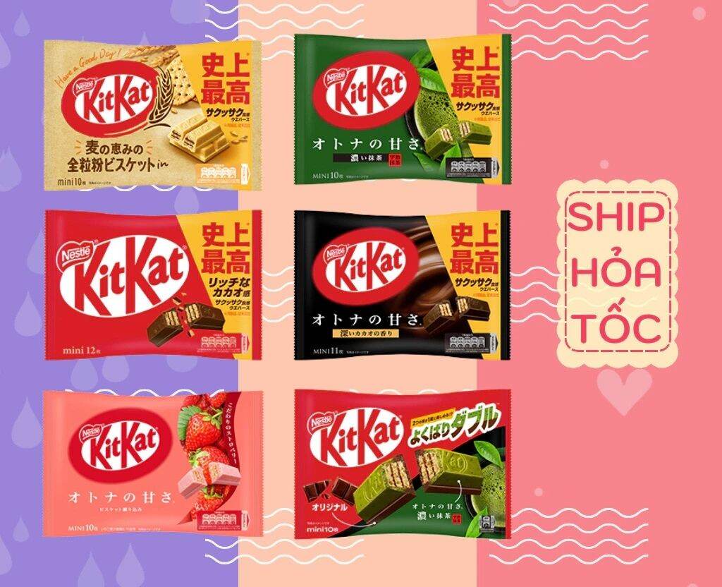 Bánh socola KitKat trà xanh, Kitkat socola đen, Kitkat socola sữa, KitKat yến mạch, Kitkat dâu của Nestle Nhật