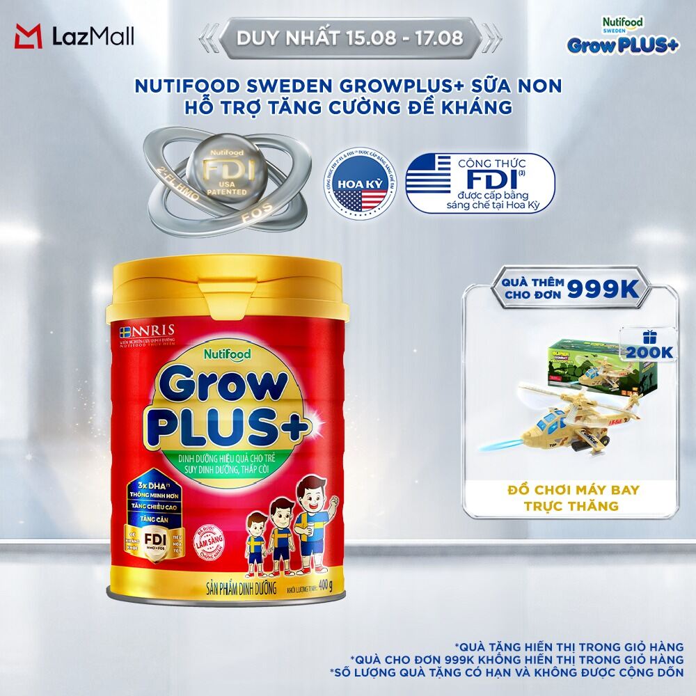 Sữa Bột Nutifood GrowPLUS+ Suy Dinh Dưỡng 400g - Hỗ Trợ Tăng Cân, Tăng Chiều Cao (Lon 400g)