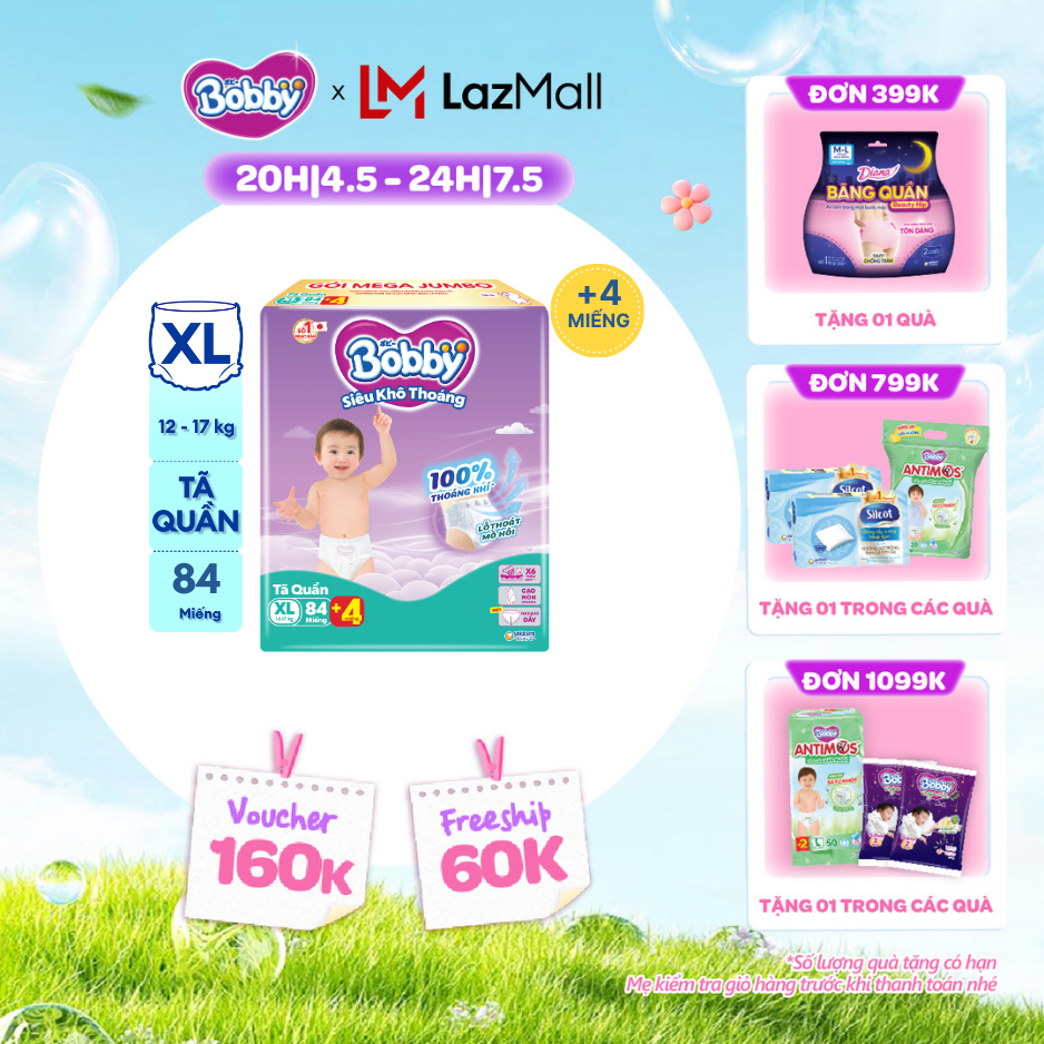 [CHỈ 20h 04-07.05 QT Đơn 899K/1199K] Tã/bỉm quần Bobby 3mm Mega Jumbo Gạo non Giảm nhiệt XL84