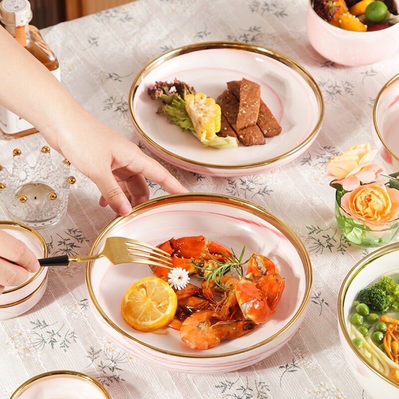 Bộ chén , bát , đĩa ăn hồng vân đá hoa cương