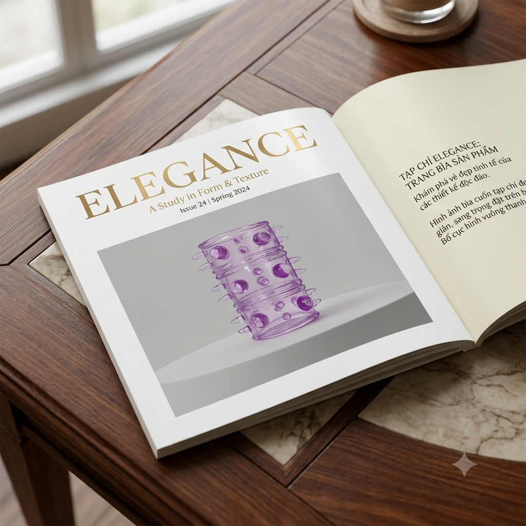 Tạp chí Elegance số 24 năm 2024 - Hình dạng và kết cấu - Vật trang trí tím trong suốt trên bàn gỗ.