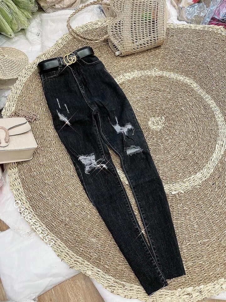 Quần bò jean cào rách lưng siêu cao xám