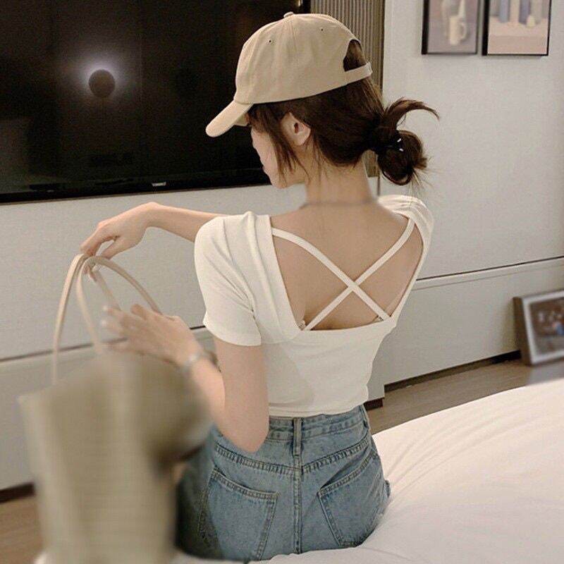 Áo croptop cổ tròn lưng chéo dây tay ngắn A25
