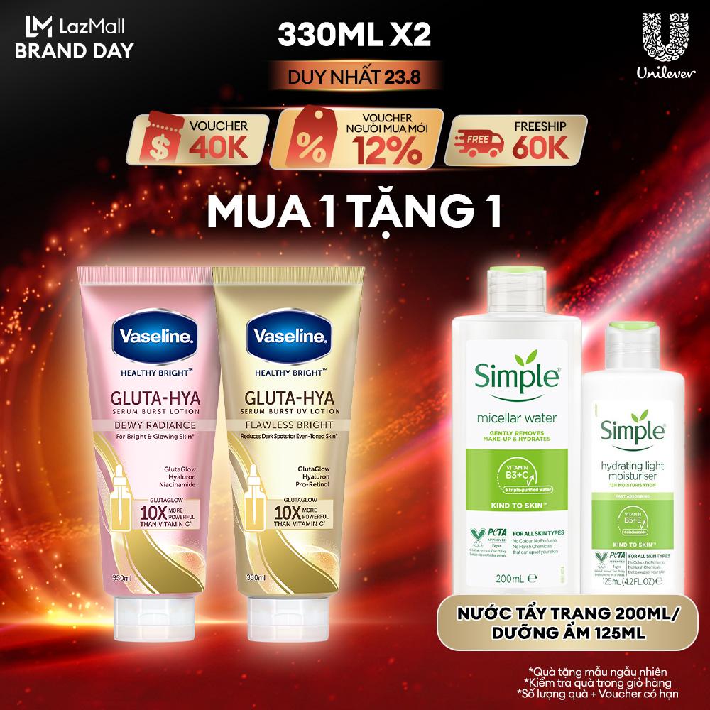 Combo sữa dưỡng thể ngày & đêm vaseline gluta-hya dưỡng da sáng mịn sau 7 ngày 330 ml/chai