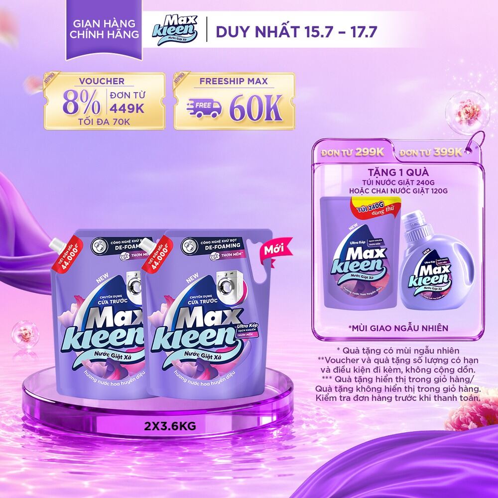 Combo 2 Nước giặt cho máy giặt cửa trước MaxKleen hương Huyền Diệu 3.6kg