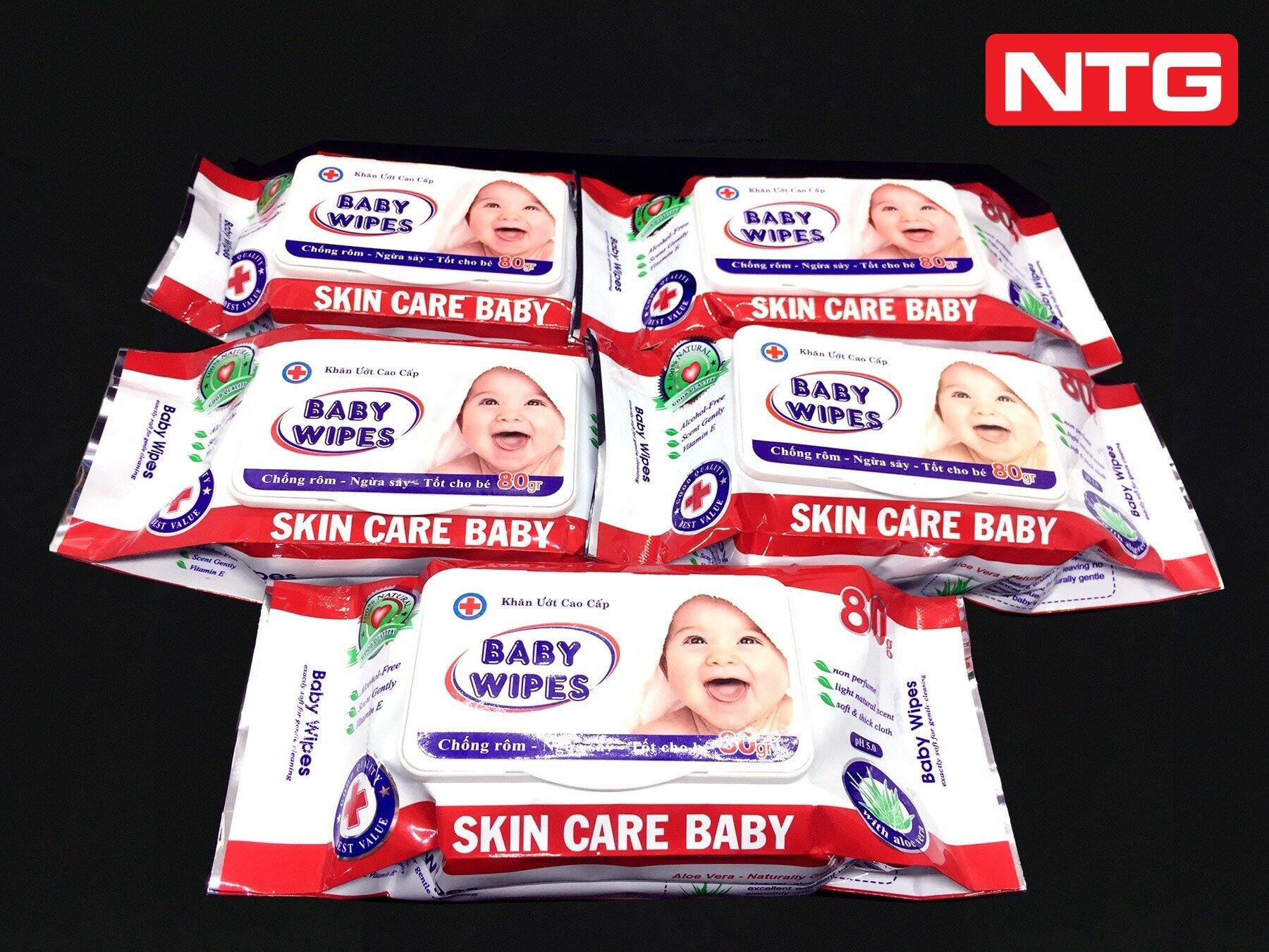 Combo 6 gói Khăn giấy ướt baby wipes 80g ĐỎ, Khăn ướt không cồn dùng được cho bé có mùi gói tiết kiệm