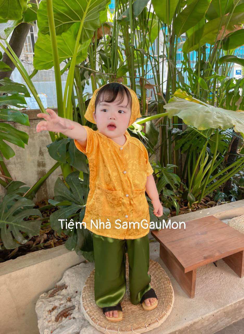 Bà ba cho anh chị em vải lụa gấm màu xanh vàng bé trai bé gái màu xanh lá vàng cho bé từ 7-35 kg, có kèm turban cho bé gái - 2