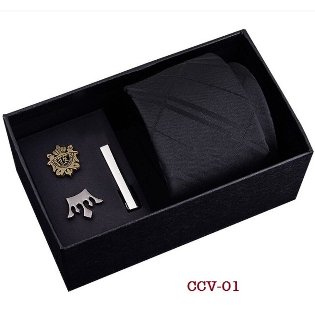 Bộ qùa tặng cà vạt 6cm, kẹp cà vạt, ghim cài áo