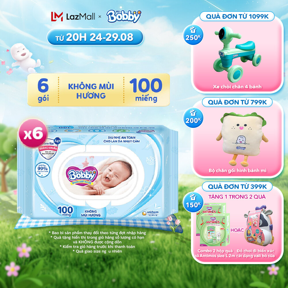 Combo 6 gói Khăn ướt trẻ em Bobby Care Không mùi hương 100 miếng
