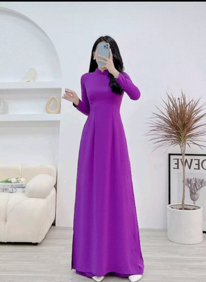 Bộ Quần, Áo Dài Tím trơn lụa mỹ cao cấp tay lỡ