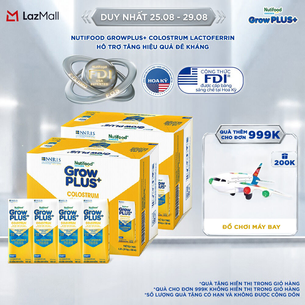 Combo 2 Thùng 24 hộp Sữa bột pha sẵn Nutifood Sweden GrowPLUS+ Colostrum Lactoferrin 180ml