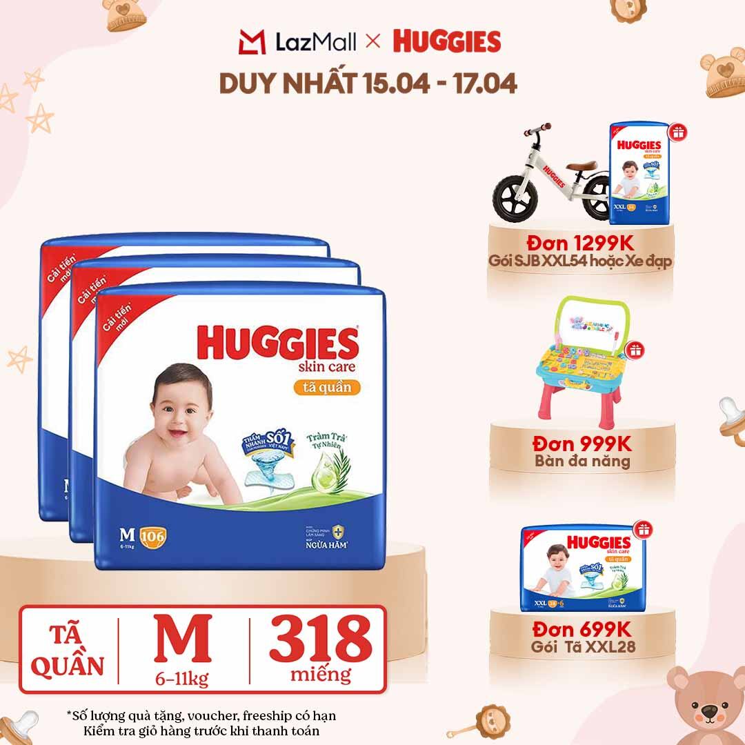 [CHỈ 18-24.04 GIẢM THÊM 90K]  Combo 3 Gói Tã/bỉm quần HUGGIES SKINCARE MEGA JUMBO size M106 miếng/ M102+4 miếng