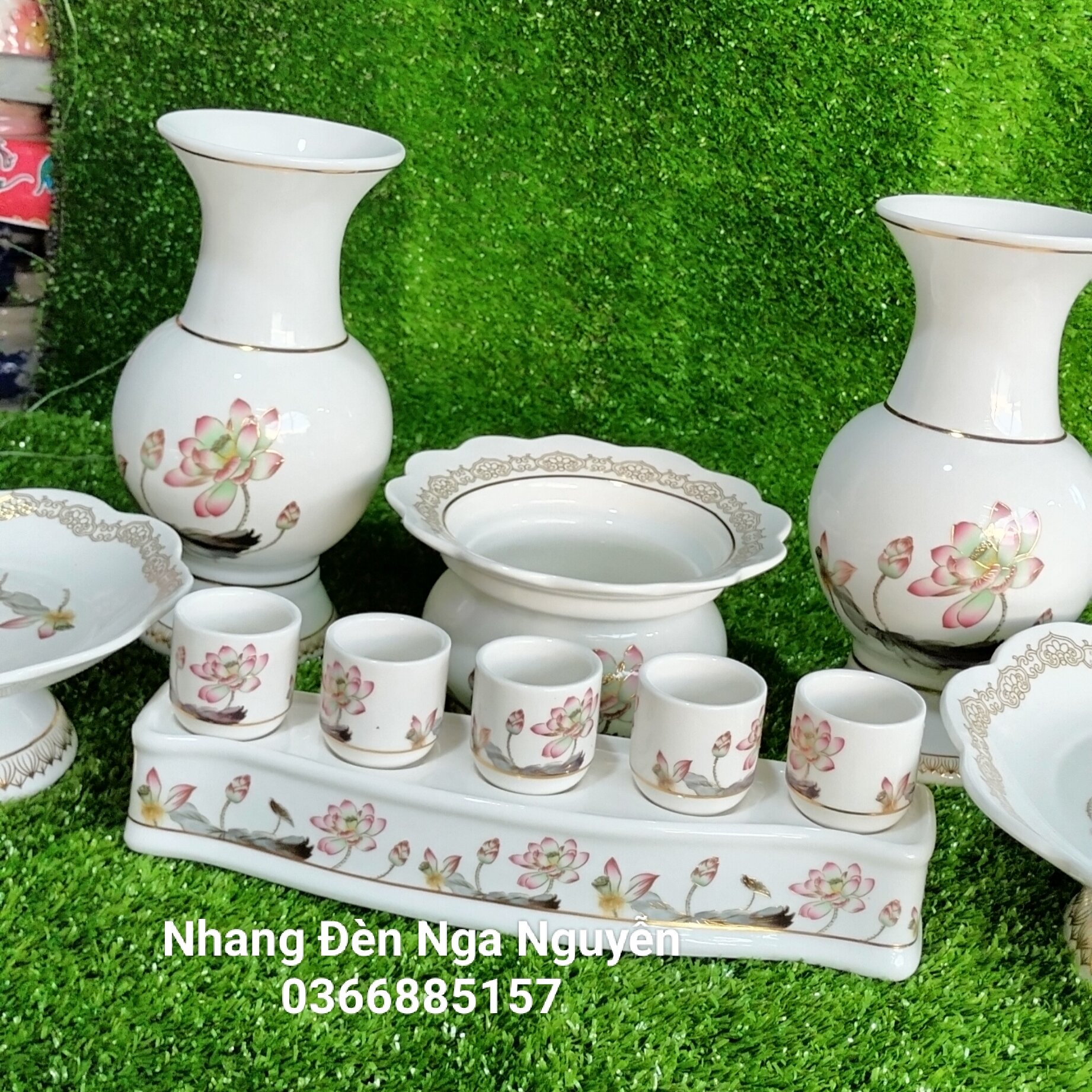 Bộ Thờ Cúng Sứ Trắng Hoa Sen cao cấp lư , bình, áng,chung, đĩa