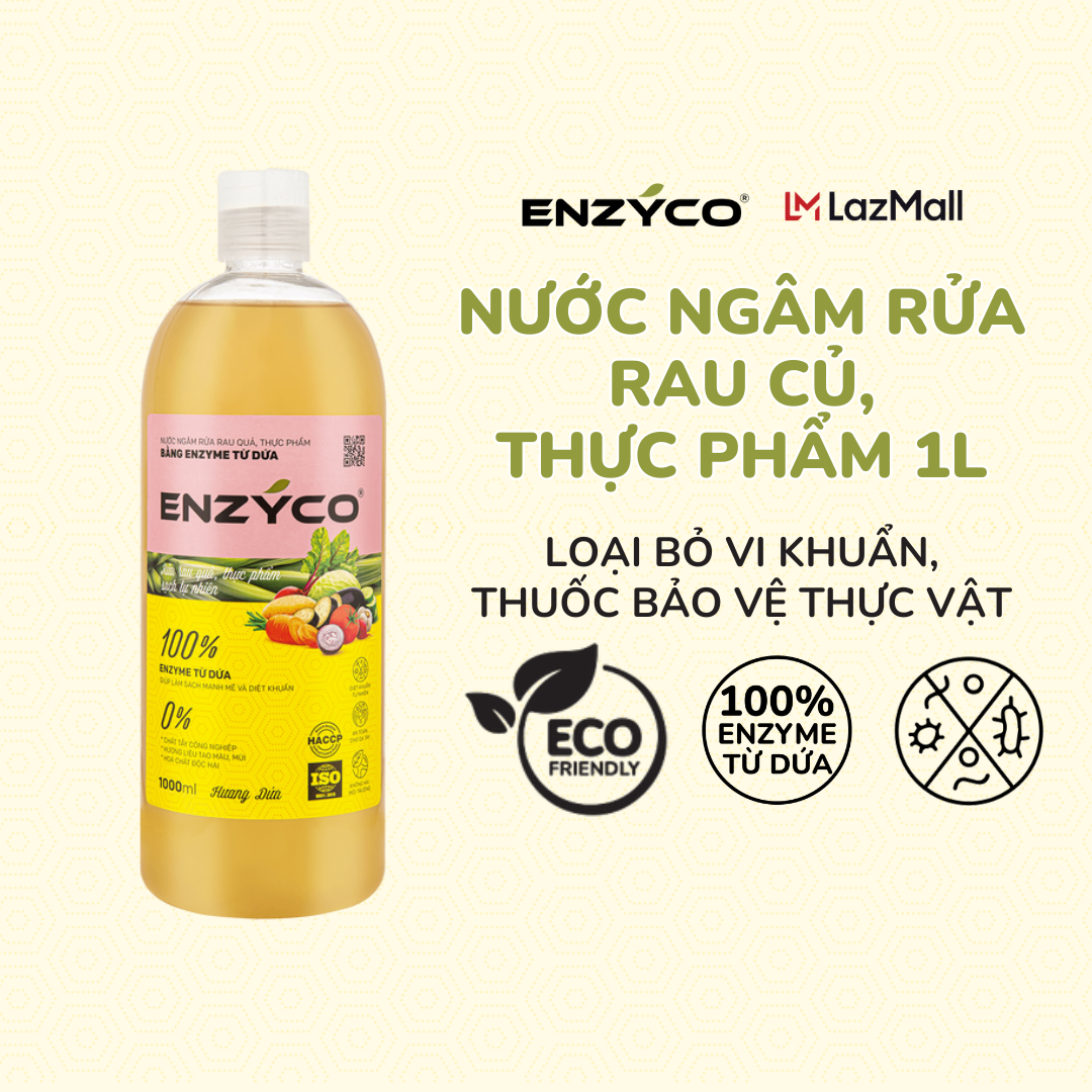 Nước ngâm rửa rau củ quả sinh học ENZYCO chai 1L - 100% Enzyme từ dứa giúp loại bỏ hóa chất làm sạch thực phẩm an toàn cho bé - Hương dứa