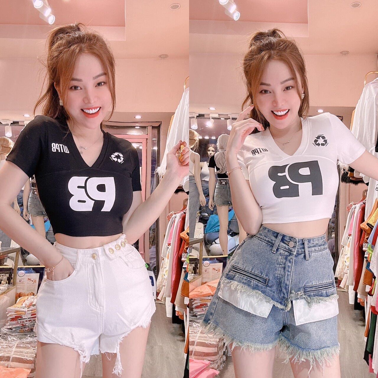 Áo croptop ngắn cổ bẻ chữ PB BG