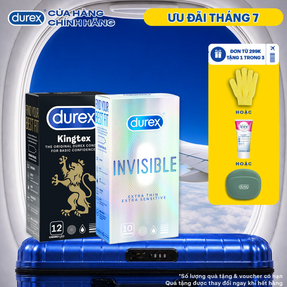 Combo 1 hộp Bao cao su Durex Kingtex 49mm 12 bao  1 hộp Bao cao su Durex Invisible Extra Thin 52mm 10 bao