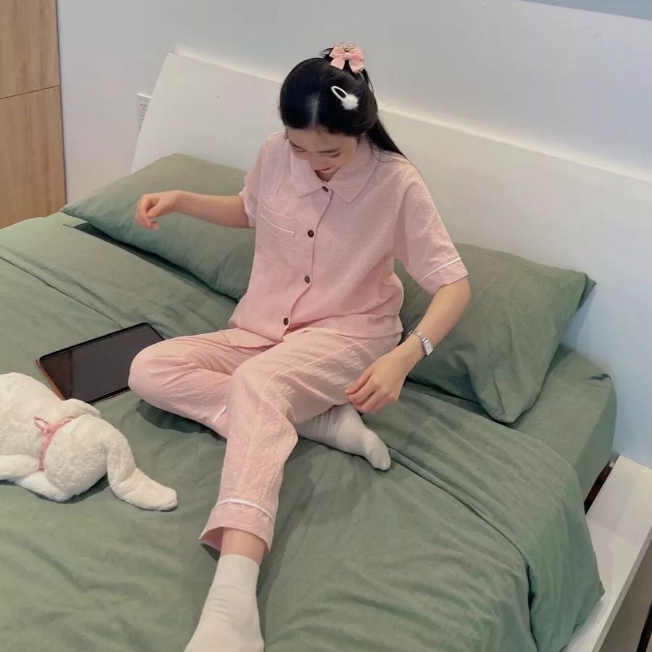 Sét bộ pyjama kẻ cộc dài cổ vét