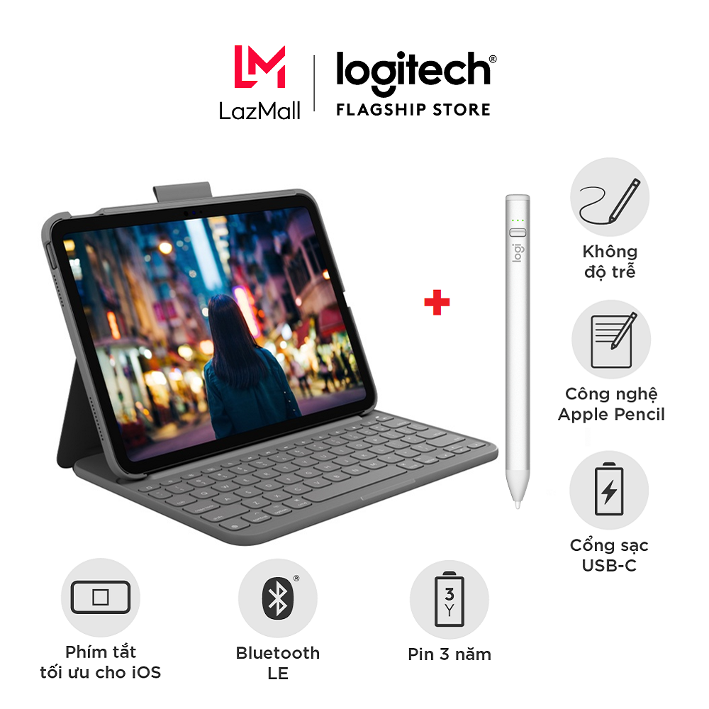 Bao da kèm phím Logitech Slim Folio dành cho iPad Gen 10 & Bút cảm ứng Logitech Crayon Kỹ Thuật số