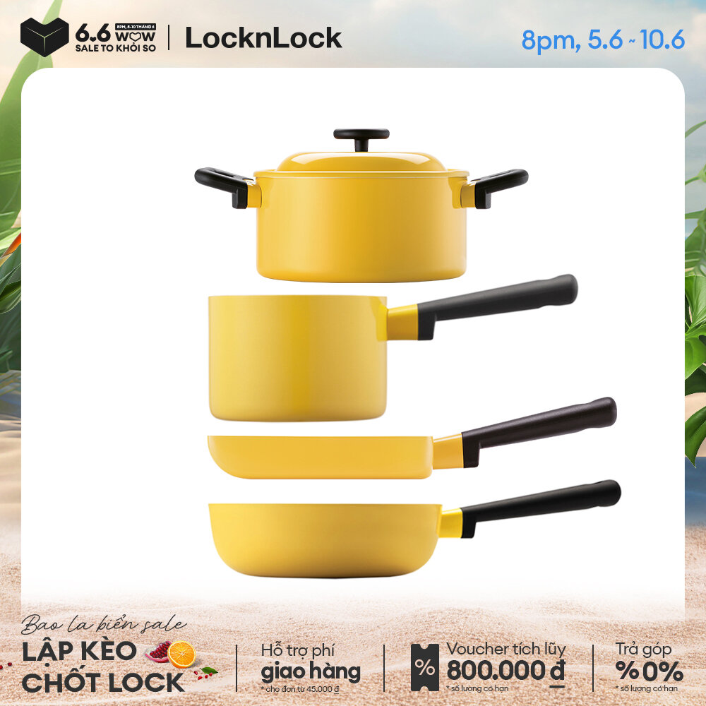 Bộ 4 nồi chảo chống dính Lock&Lock Decore - Màu vàng - Gồm 2 nồi, 1 chảo chiên và 1 chảo vuông - Kèm nắp cho nồi - Hàng chính hãng