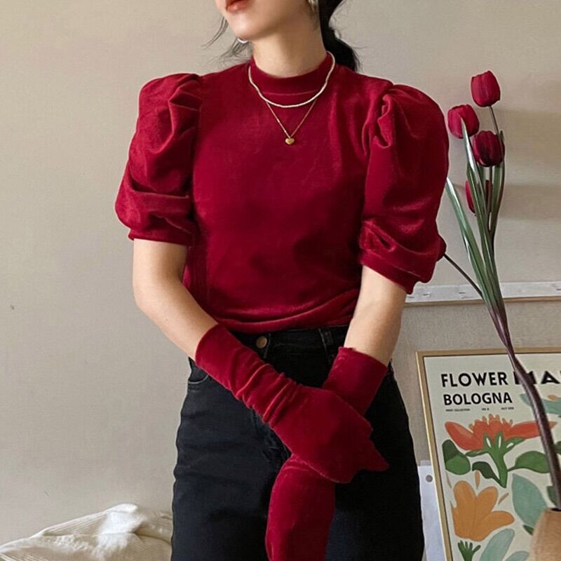 Áo nhung tay cộc nhún phồng