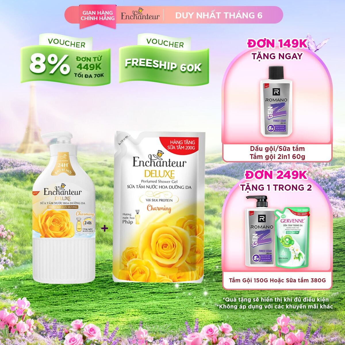 Sữa tắm Enchanteur Charming/ Sensation chai 900g + Tặng túi sữa tắm 450g
