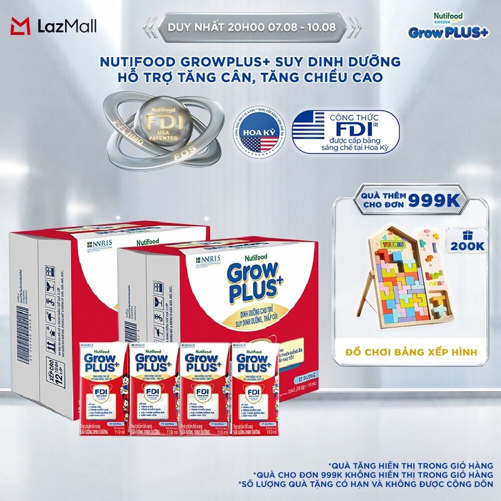 Combo 2 Thùng 24 hộp Sữa Nước Pha Sẵn Nutifood GrowPLUS+ Suy Dinh Dưỡng (Đỏ) - Hỗ Trợ Tăng Cân Tăng Chiều Cao Ít đường 110ml - Trên 1 tuổi (Bao bì tùy đợt nhập hàng)