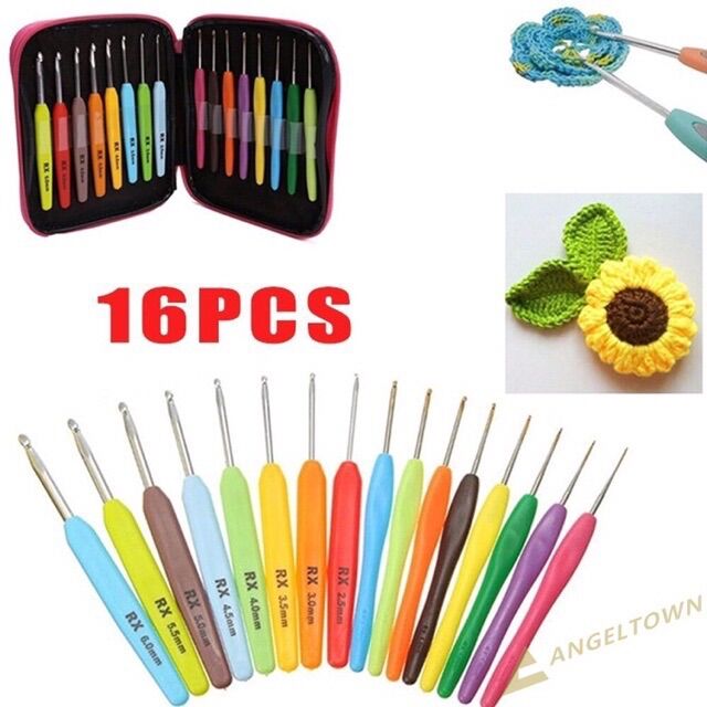 Bộ 16 cây kim móc len kèm ví hồng