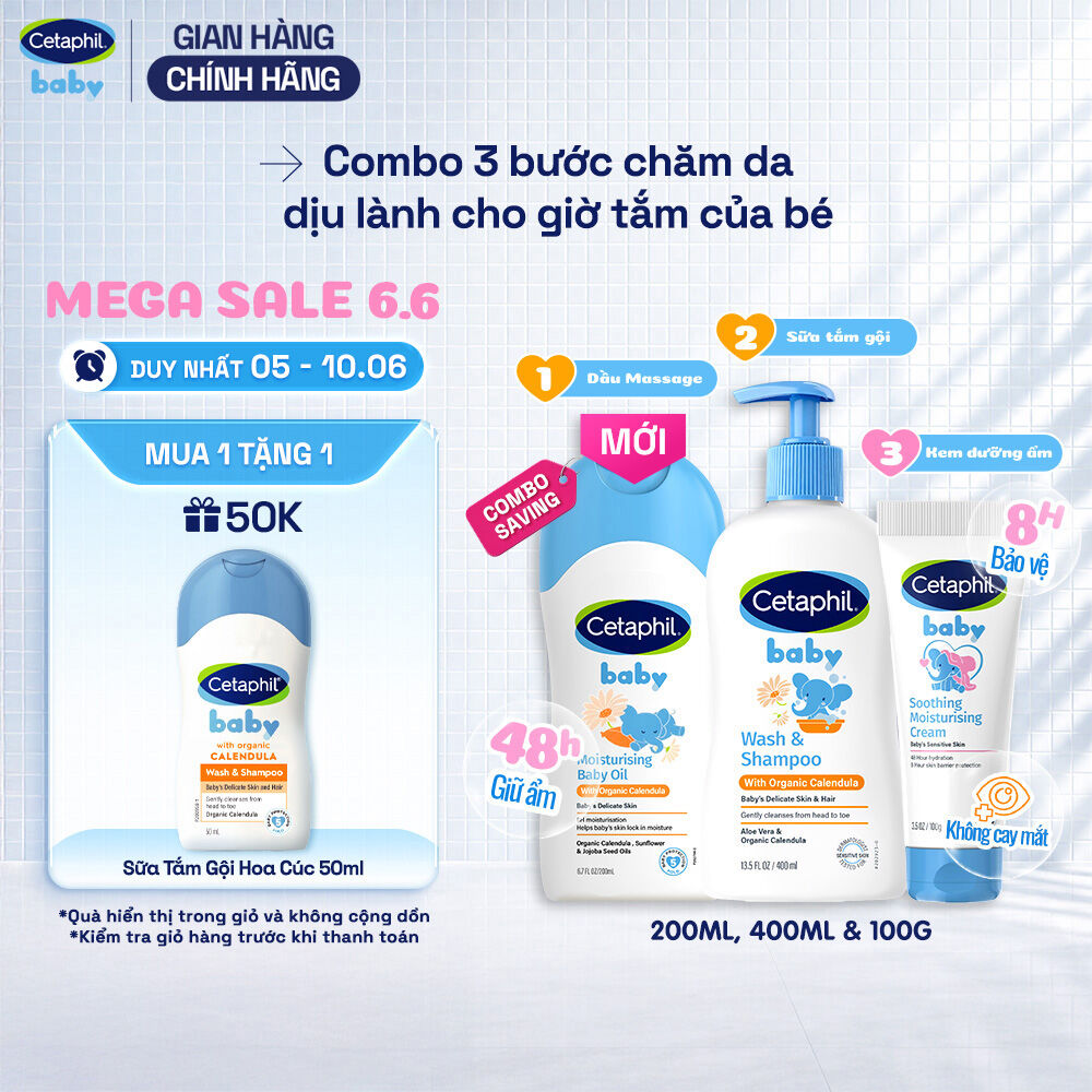 Combo Sữa tắm gội CETAPHIL BABY CALENDULA 400ML  Dầu massage dưỡng ẩm Baby Oil 200ml  Kem dưỡng ẩm Moisturising tuýp 100g
