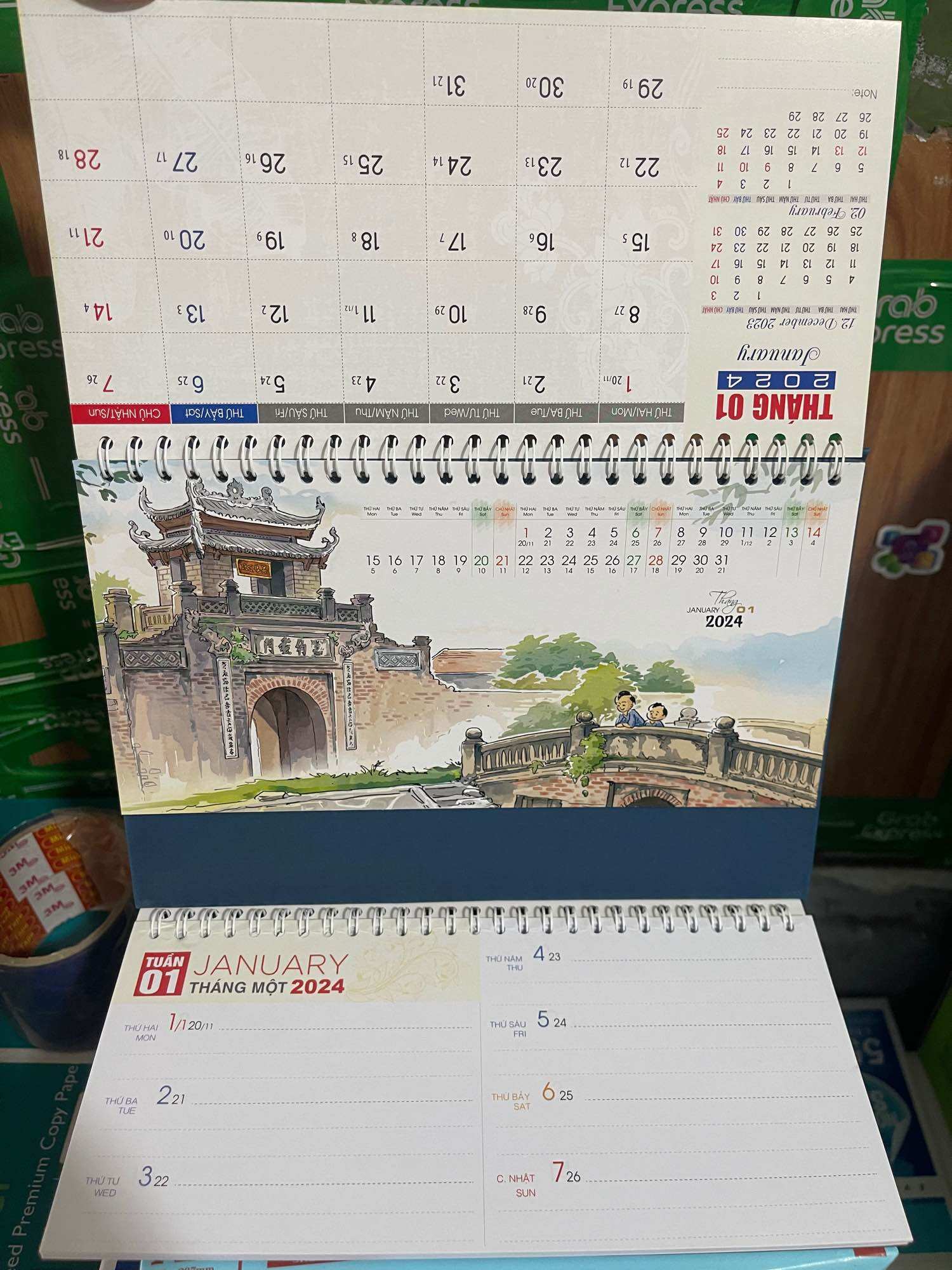 Lịch bàn M 2024 kích thước lớn đẹp , có dải note 52 tuần , đủ ngày âm dương