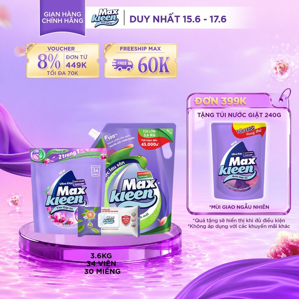 Combo túi viên giặt xả MaxKleen hương huyền diệu + Túi nước lau sàn 3.6kg + Khăn lau bề mặt
