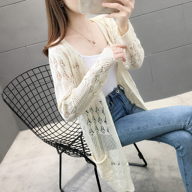 Áo Khoác Cardigan Áo Dệt Kim Có Lỗ Mẫu Mỏng Mùa Xuân Hè Cho Nữ Áo Len Dáng Dài Vừa Phối Bên Ngoài Áo Khoác Chống Nắng Áo Điều Hòa