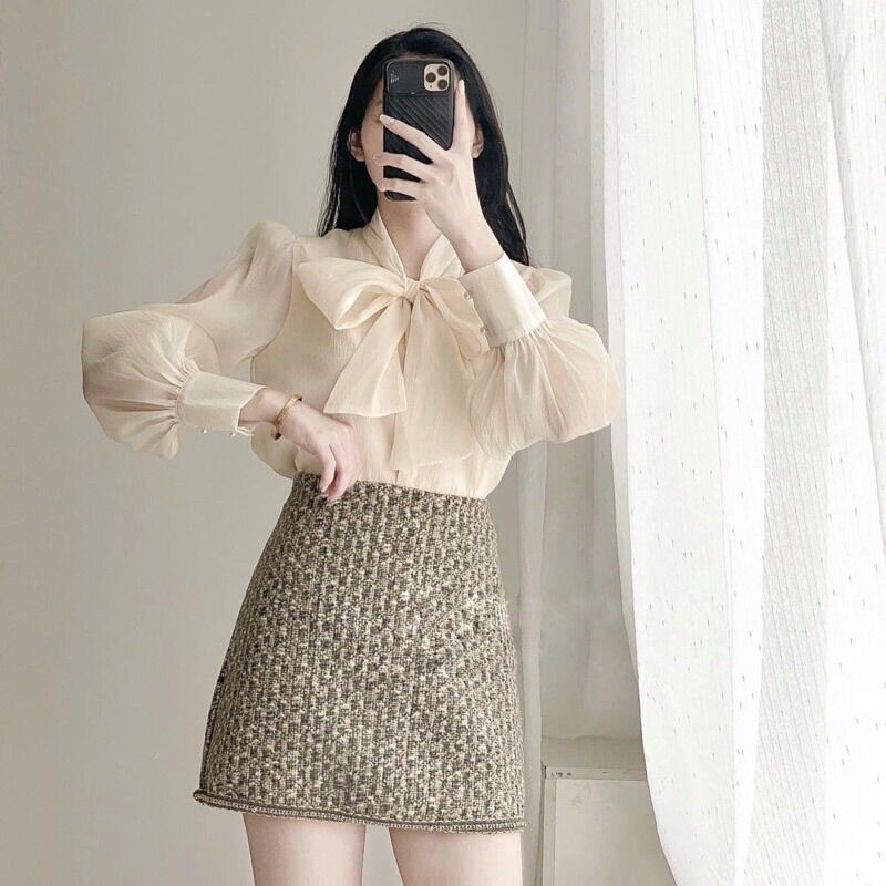 Áo sơ mi tay bồng cổ nơ khuy ngọc - Lumii
