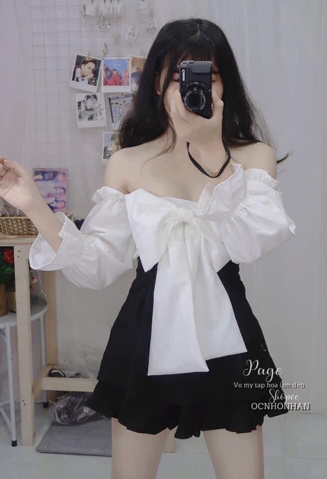 Set áo bẹt vai nơ chân váy tầng