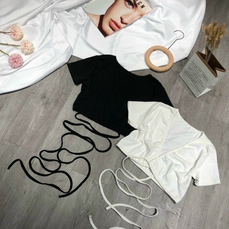 Áo Đắp Chéo Dây Quấn Eo Tay Ngắn Sexy