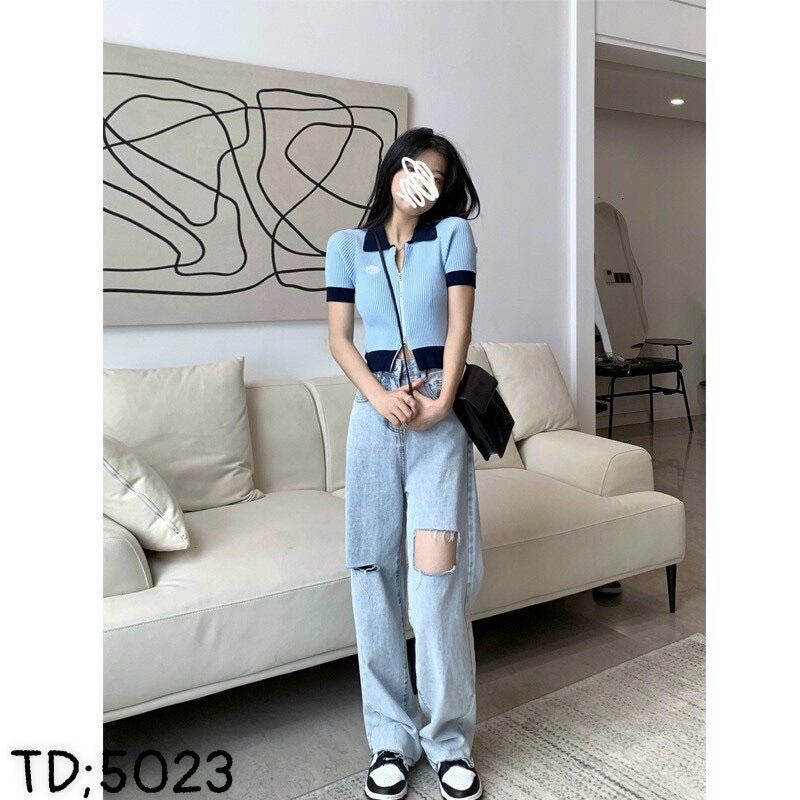 Baggy Jeans Ống Suông Rách Ô