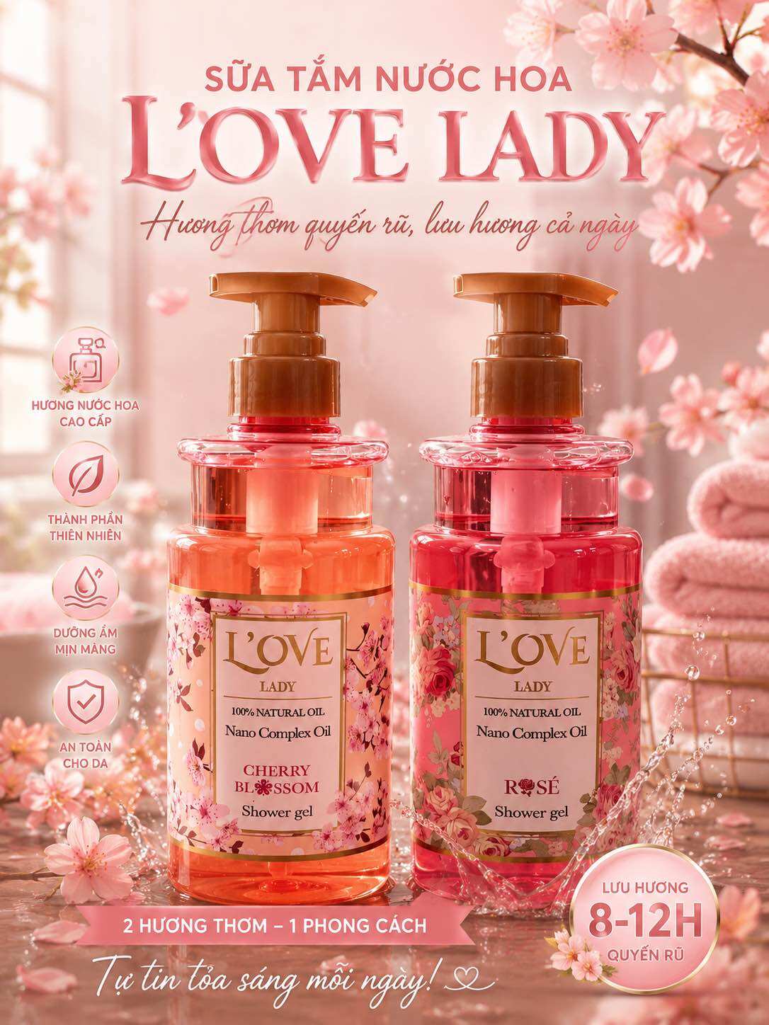 Sữa tắm thiên nhiên L’ove lady dưỡng ẩm sáng da ngăn ngừa lão hoá chai 620ml hàng chính hãng